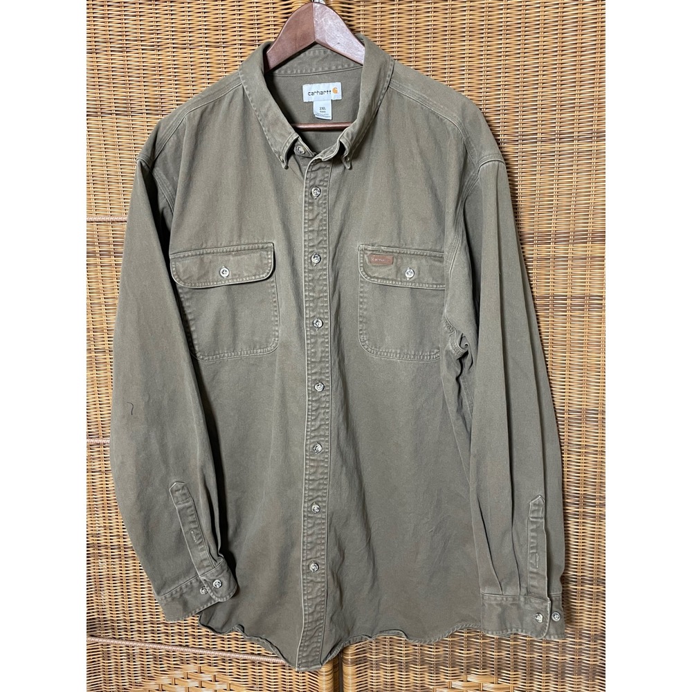 Carhartt Mens 2XL Tall Olive Green Cotton Twill Button Down Work Shirt S09MRH